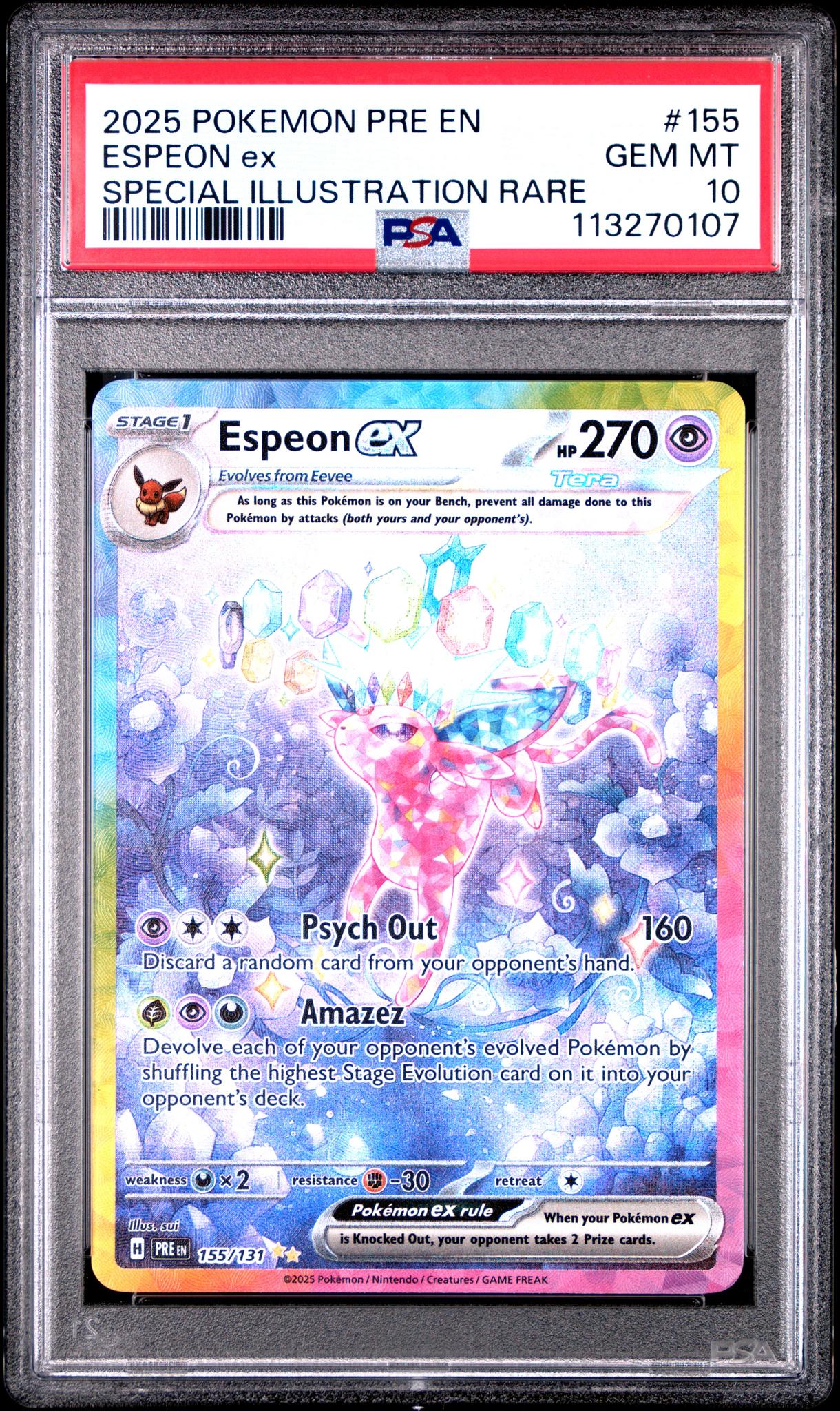 113270107_1_20251111221744_1.jpg 2025 Pokemon Scarlet and Violet Prismatic Evolutions Special Illustration Rare Espeon Ex #155 PSA 10 - Image 1