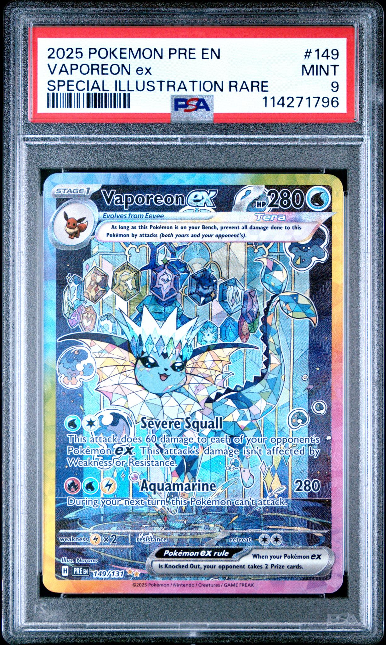 114271796_1_20260217220808_1.jpg 2025 Pokemon Scarlet and Violet Prismatic Evolutions Special Illustration Rare Vaporeon Ex #149 PSA 9 - Image 1