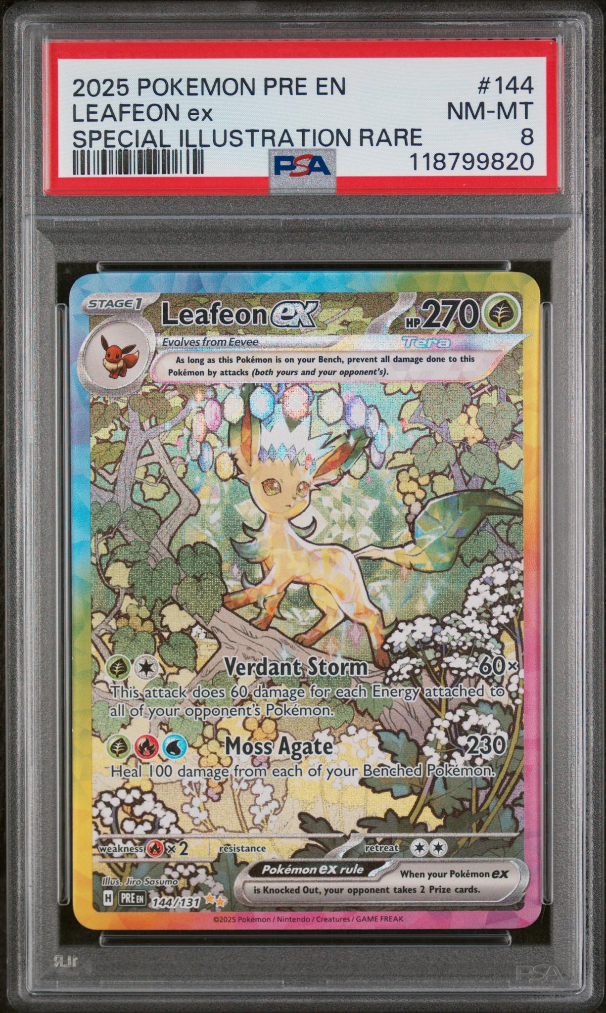 118799820_1_20250811173315_1.jpg 2025 Pokemon Scarlet and Violet Prismatic Evolutions Special Illustration Rare Leafeon Ex #144 PSA 8 - Image 1