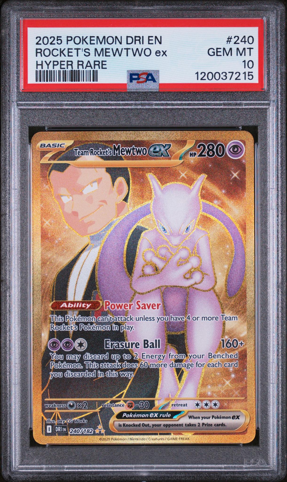 120037215_1_20260109194323_1.jpg 2025 Pokemon Scarlet and Violet Destined Rivals Hyper Rare Team Rocket's Mewtwo Ex #240 PSA 10 - Image 1