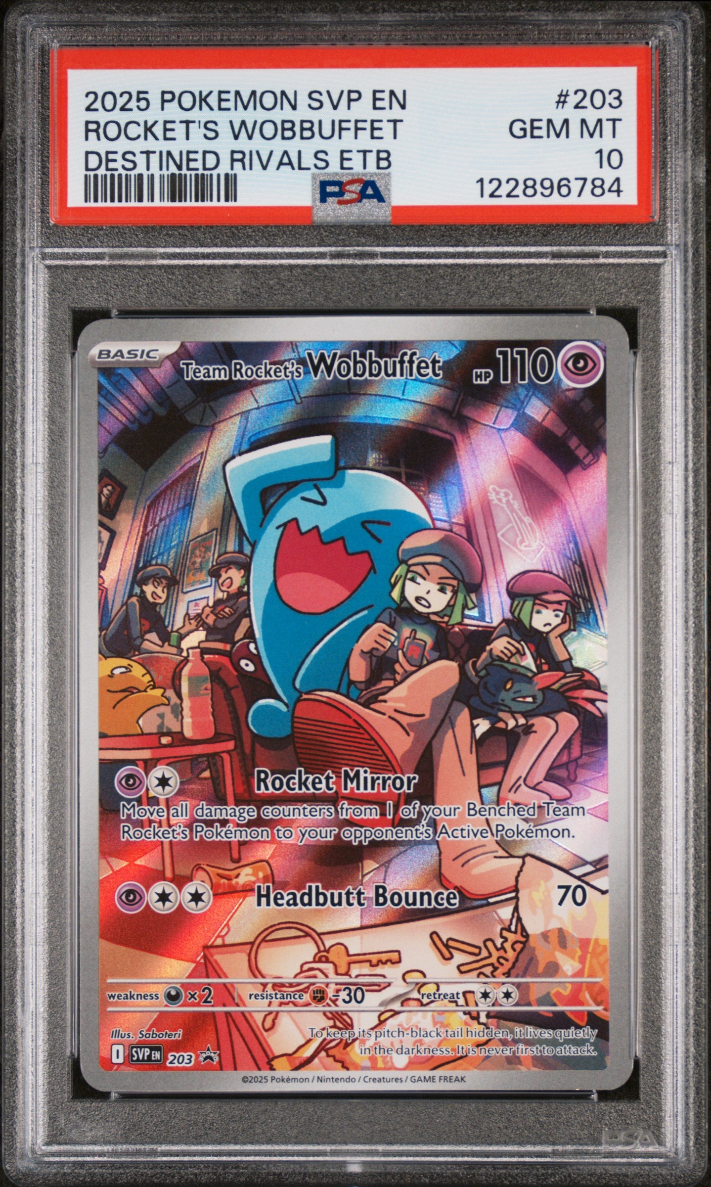 122896784_1_20250929223725_1.jpg 2025 Pokemon Scarlet and Violet Black Star Promo Destined Rivals Elite Trainer Box Team Rocket's Wobbuffet #203 PSA 10 - Image 1