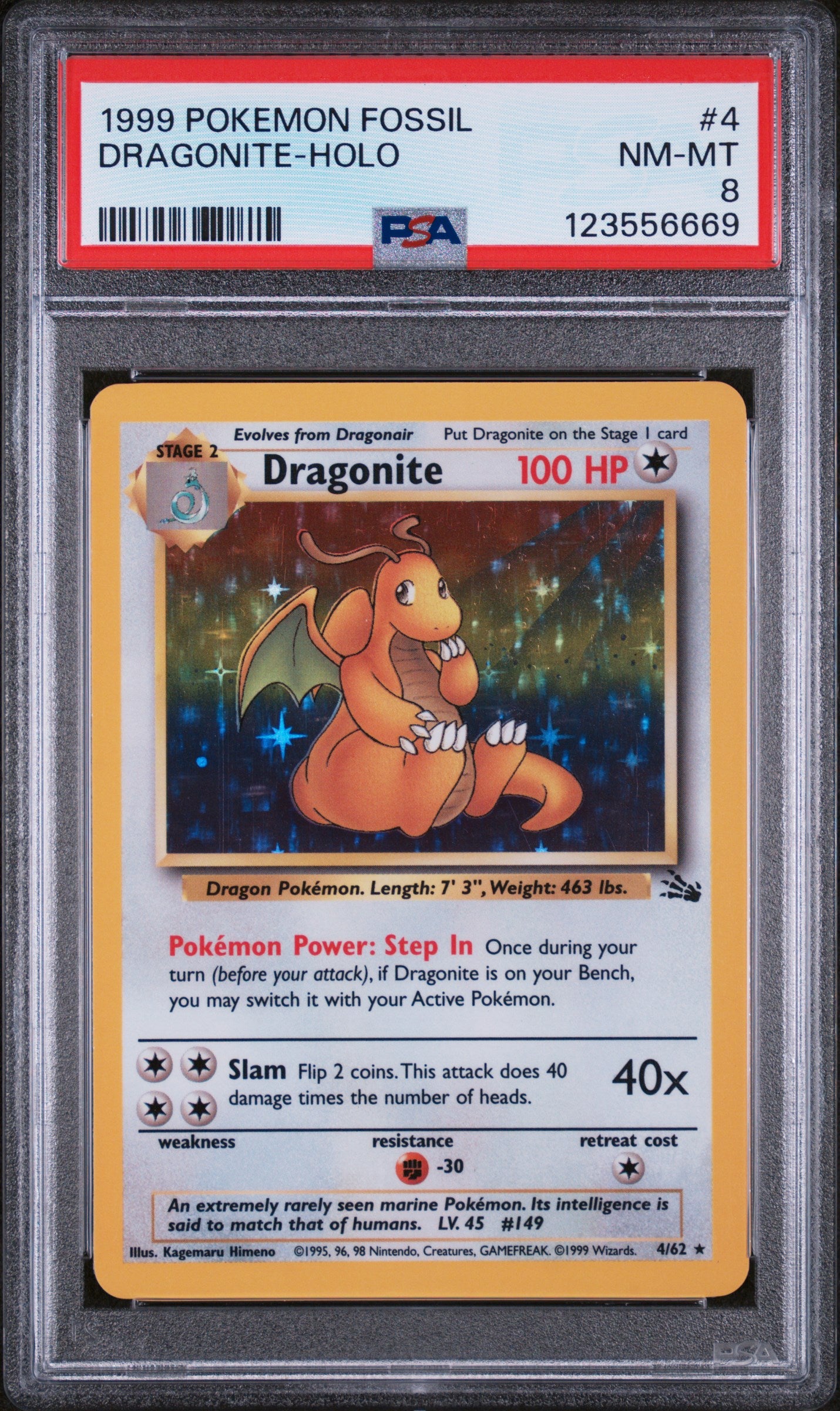 123556669_1_20251027184302_1.jpg 1999 Pokemon Fossil Holo Dragonite #4 PSA 8 - Image 1