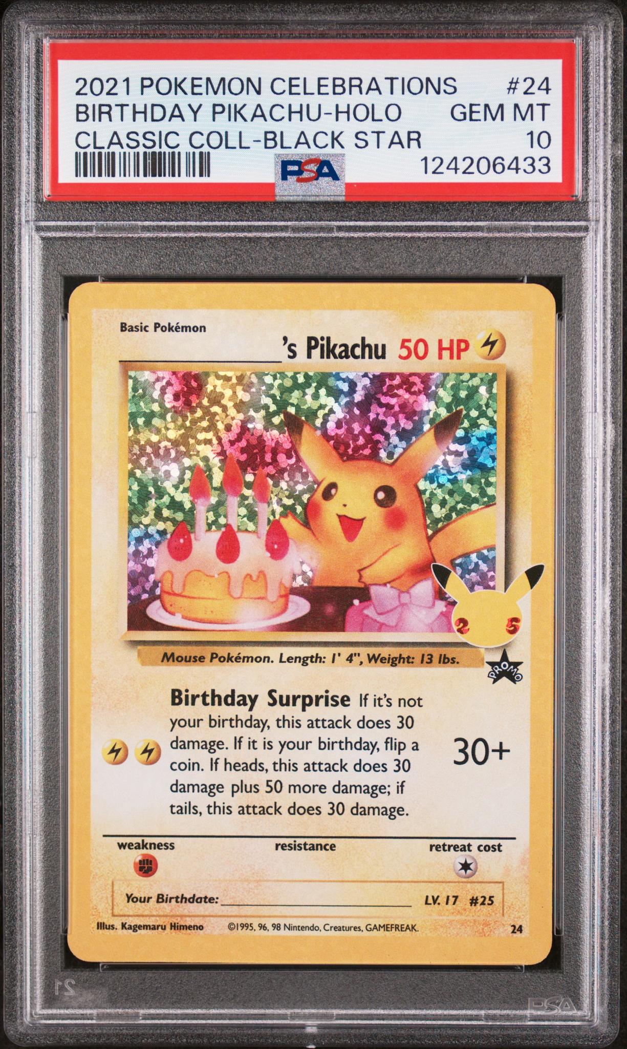 124206433_1_20260217220959_1.jpg 2021 Pokemon Black Star Promo Celebrations Classic Collection Holo Birthday Pikachu #24 PSA 10 - Image 1