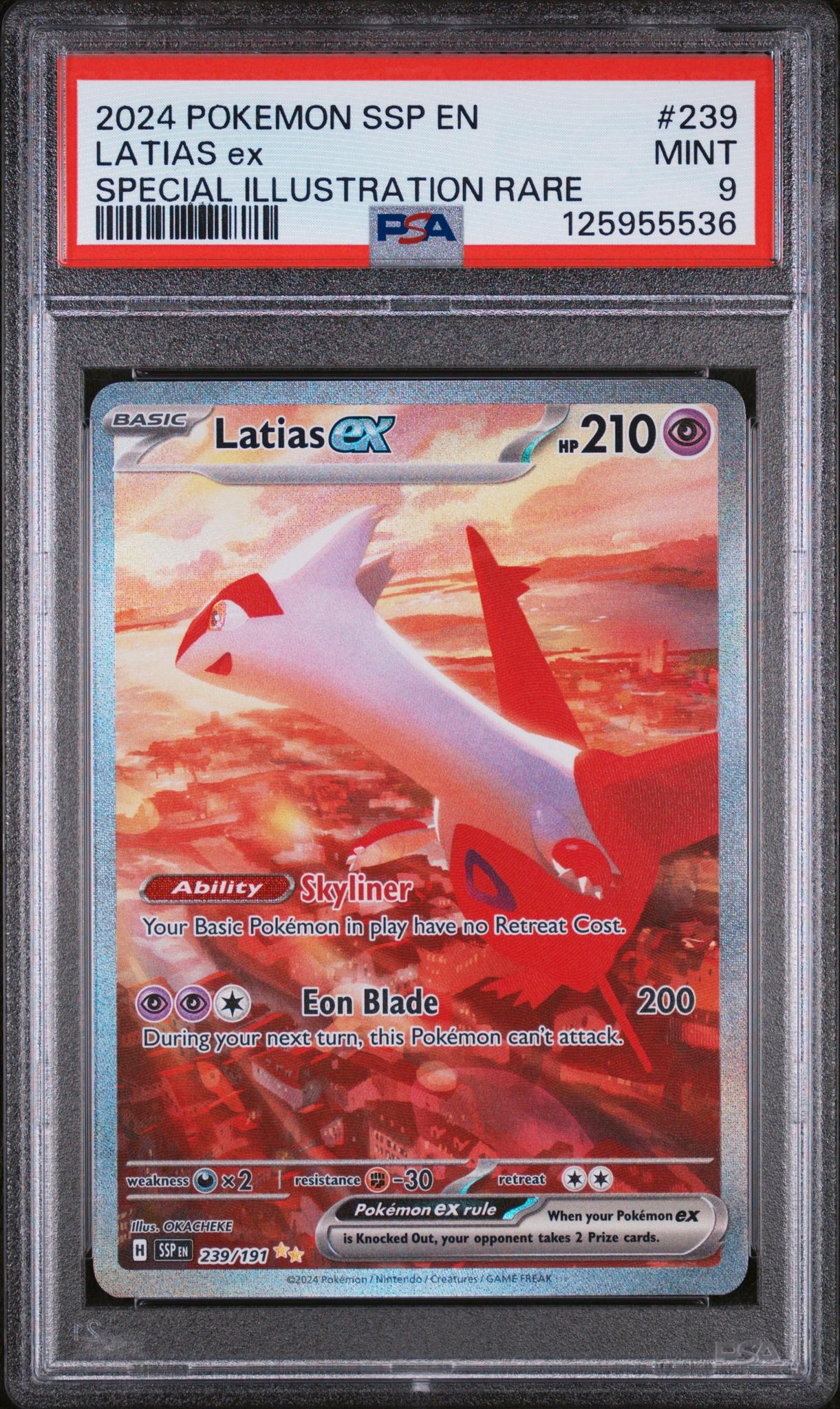 125955536_1_20251202215300_1.jpg 2024 Pokemon Scarlet and Violet Surging Sparks Special Illustration Rare Latias Ex #239 PSA 9 - Image 1