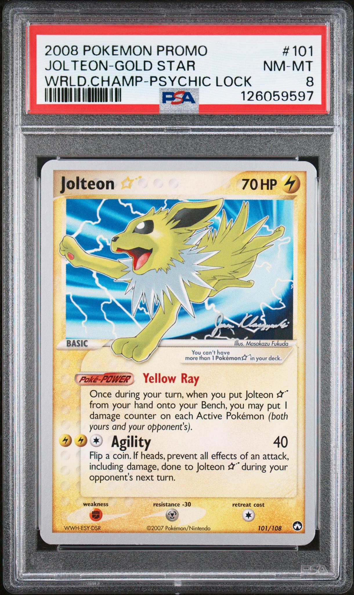 126059597_1_20260109194553_1.jpg 2008 Pokemon World Championships Promo Gold Star Psychic Lock Jolteon #101 PSA 8 - Image 1