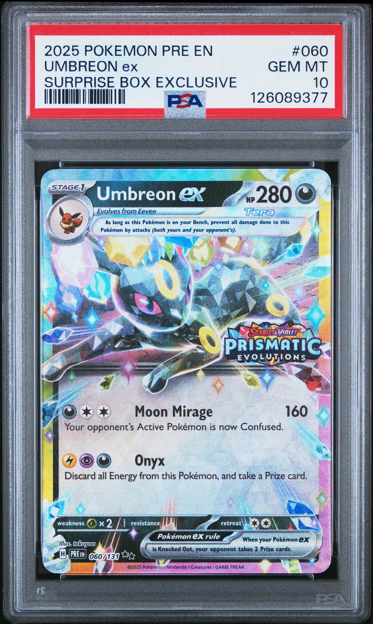 126089377_1_20251219215427_1.jpg 2025 Pokemon Scarlet and Violet Prismatic Evolutions Surprise Box Exclusive Umbreon Ex #60 PSA 10 - Image 1