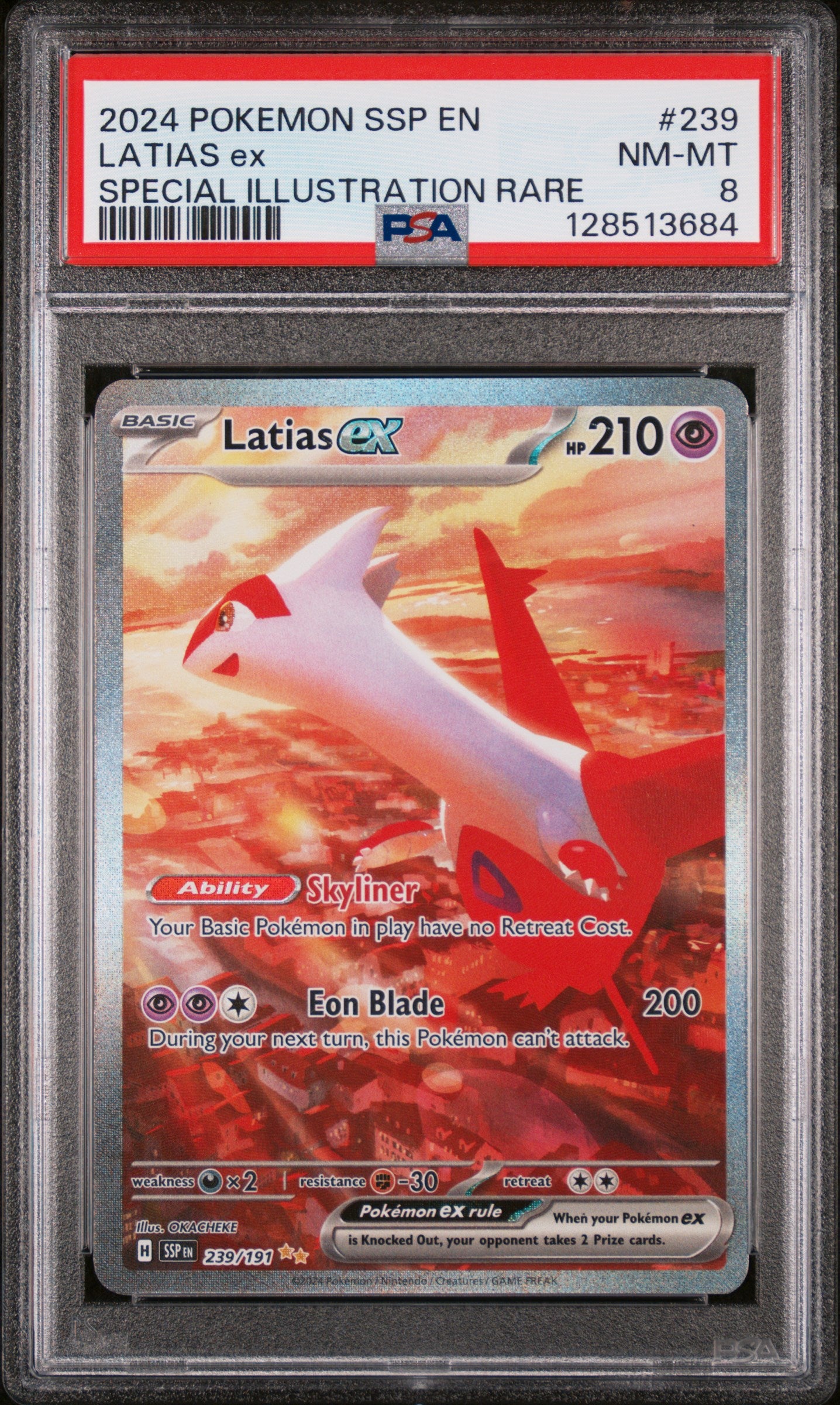 128513684_1_20251202170407_1.jpg 2024 Pokemon Scarlet and Violet Surging Sparks Special Illustration Rare Latias Ex #239 PSA 8 - Image 1