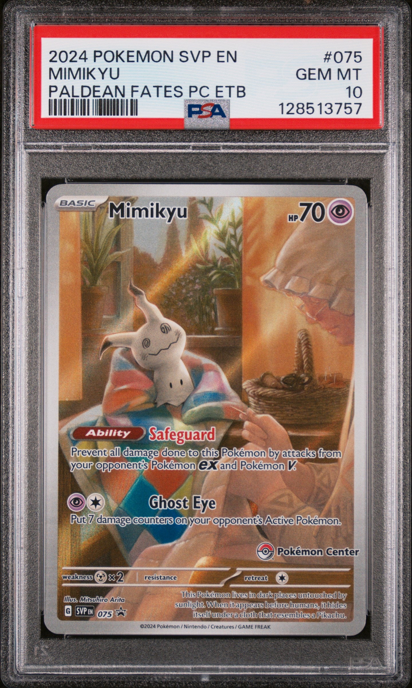 128513757_1_20251202183958_1.jpg 2024 Pokemon Scarlet and Violet Black Star Promo Paldean Fates Pokemon Center Elite Trainer Box Mimikyu #075 PSA 10 - Image 1