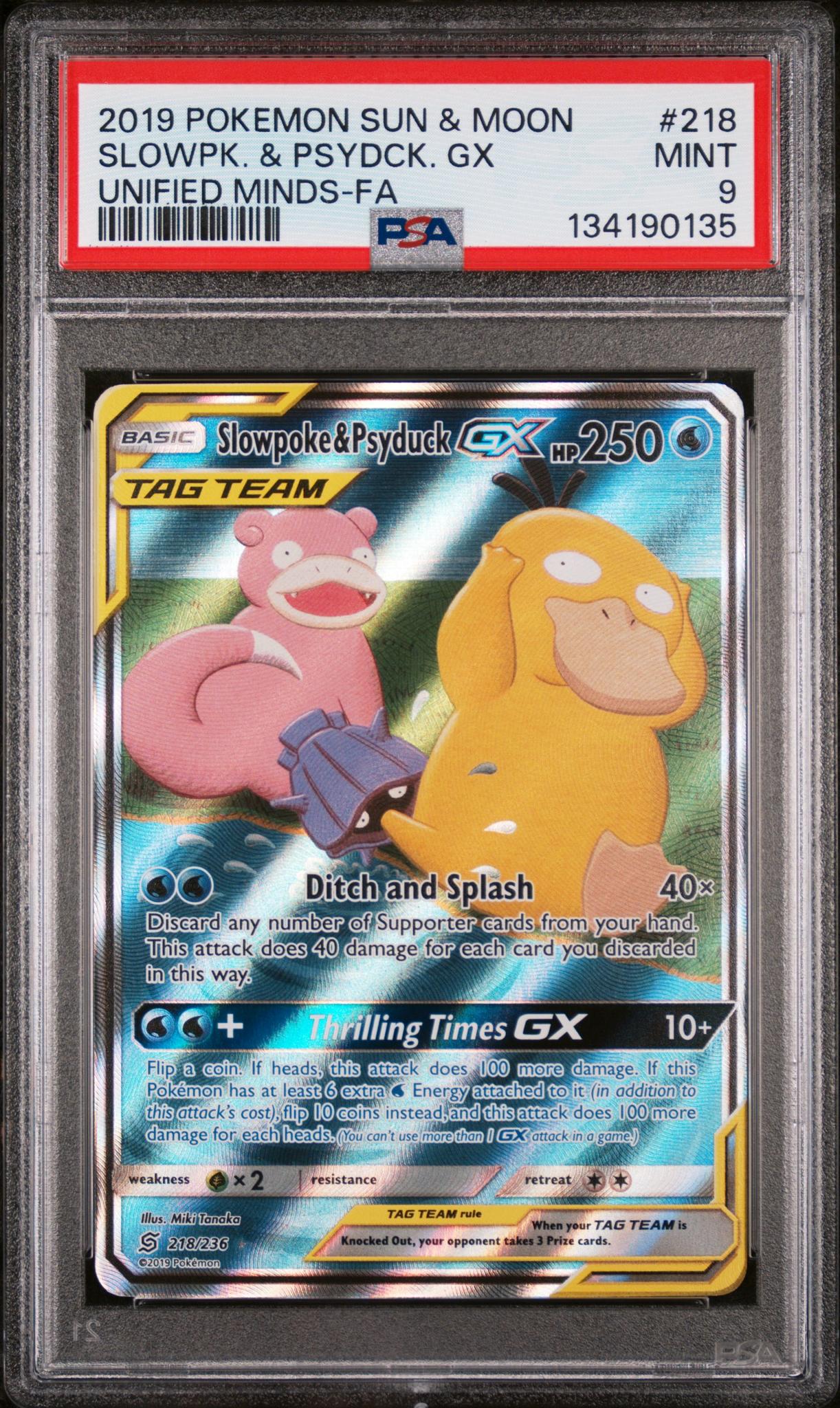 134190135_1_20260128120004_1.jpg 2019 Pokemon Sun and Moon Unified Minds Psyduck/Slowpoke Gx #218 PSA 9 - Image 1