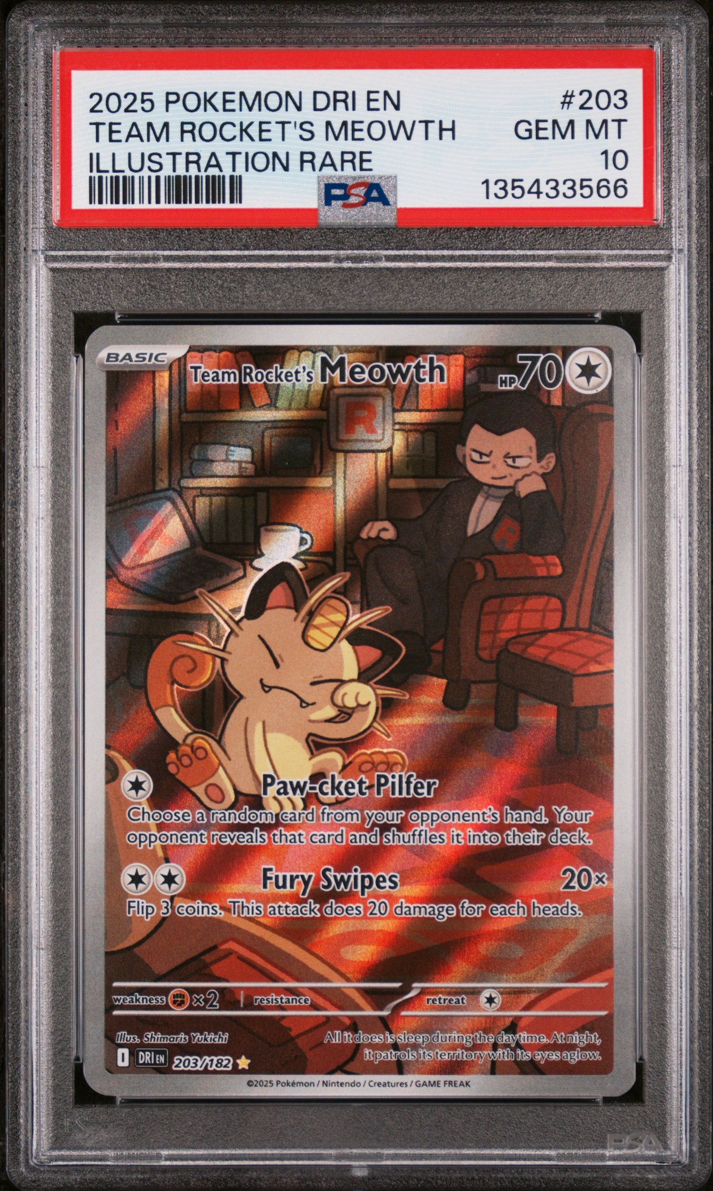 135433566_1_20260202184333_1.jpg 2025 Pokemon Scarlet and Violet Destined Rivals Illustration Rare Team Rocket's Meowth #203 PSA 10 - Image 1