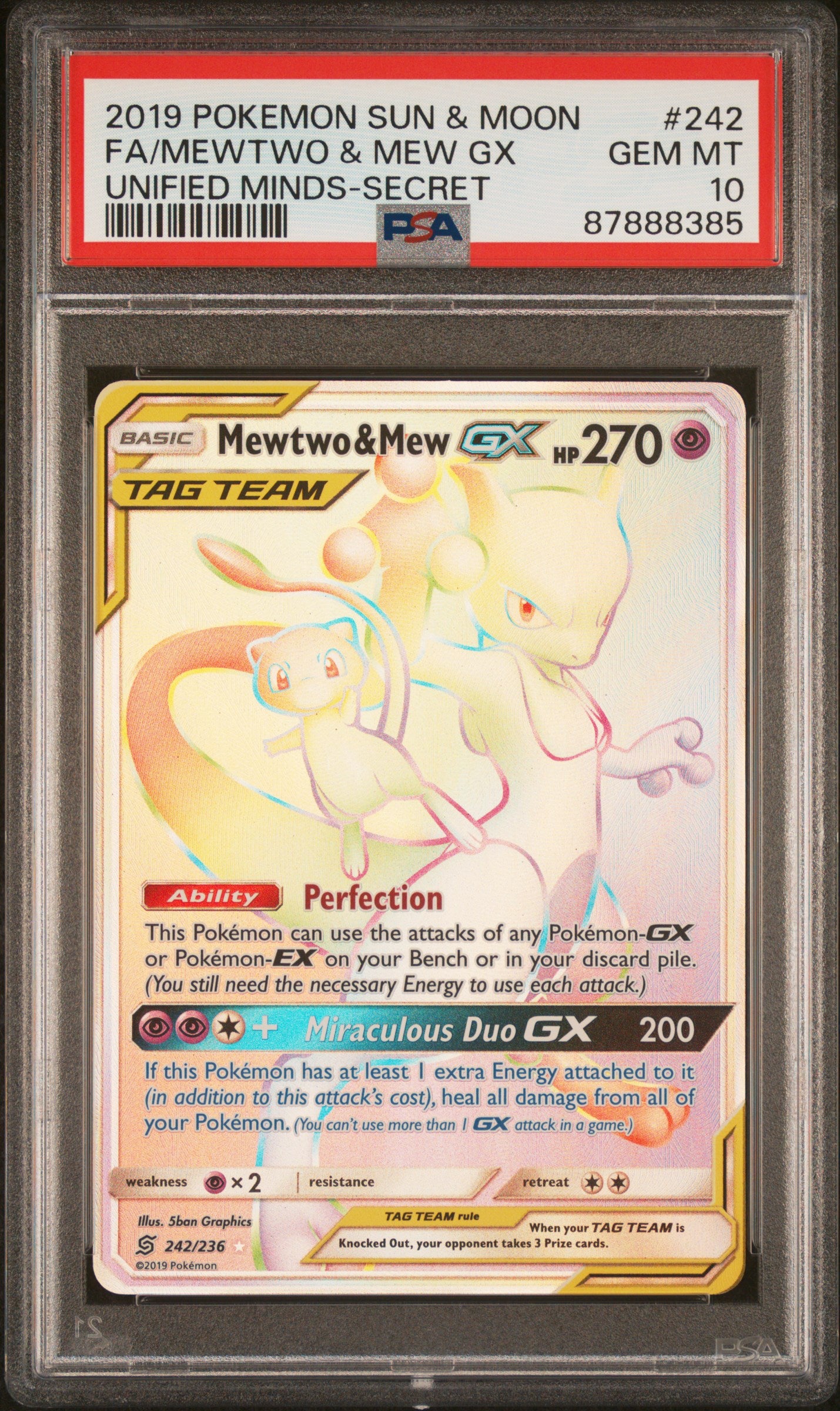 1773157649182826337_1_20260310154748_1.jpg 2019 Pokemon Sun and Moon Unified Minds Secret Rare Mew/Mewtwo Gx #242 /236 PSA 10 - Image 1