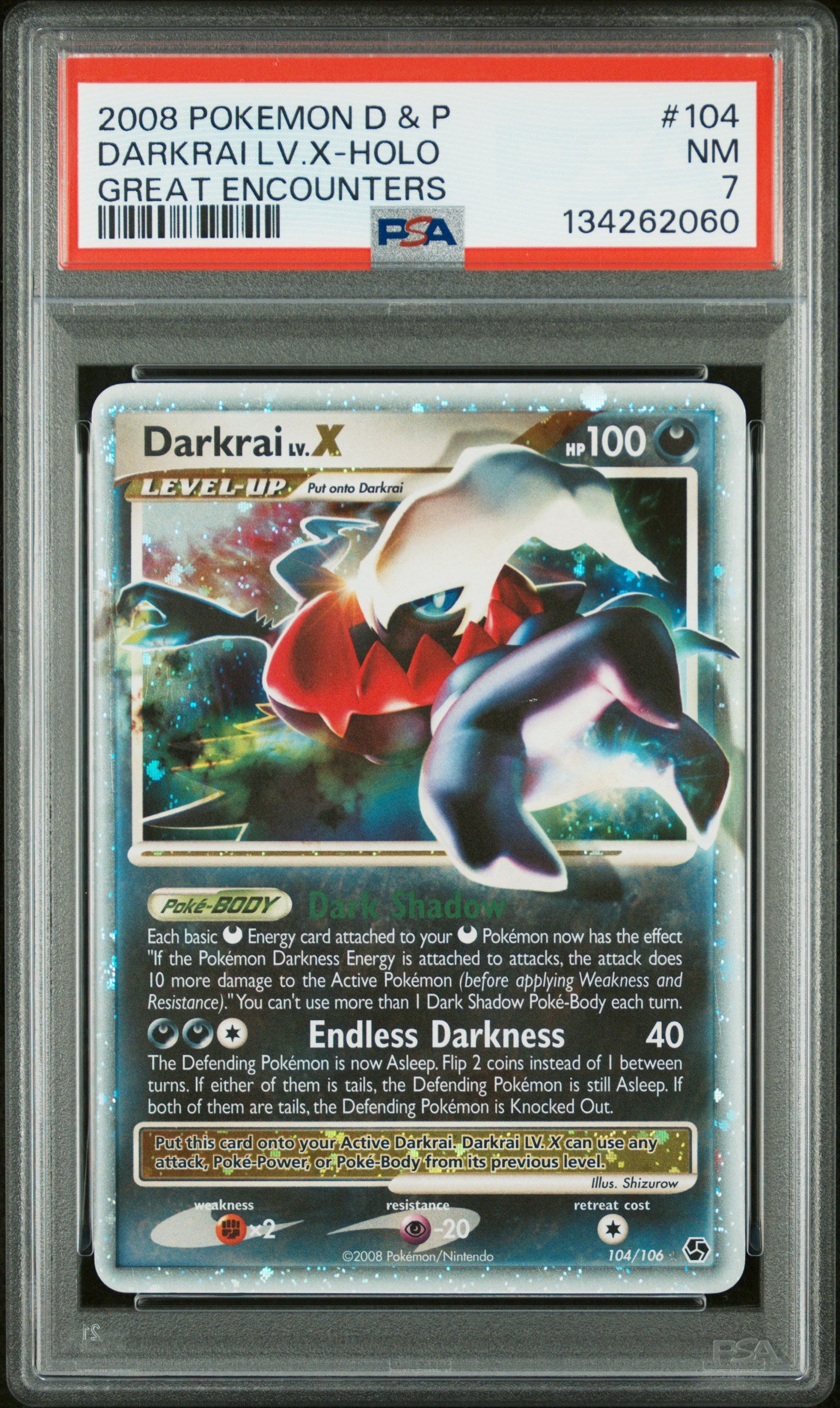1774471369838028582_1_20260325204318_1.jpg 2008 Pokemon Diamond and Pearl Great Encounters Holo Darkrai Lv X #104 PSA 7 - Image 1