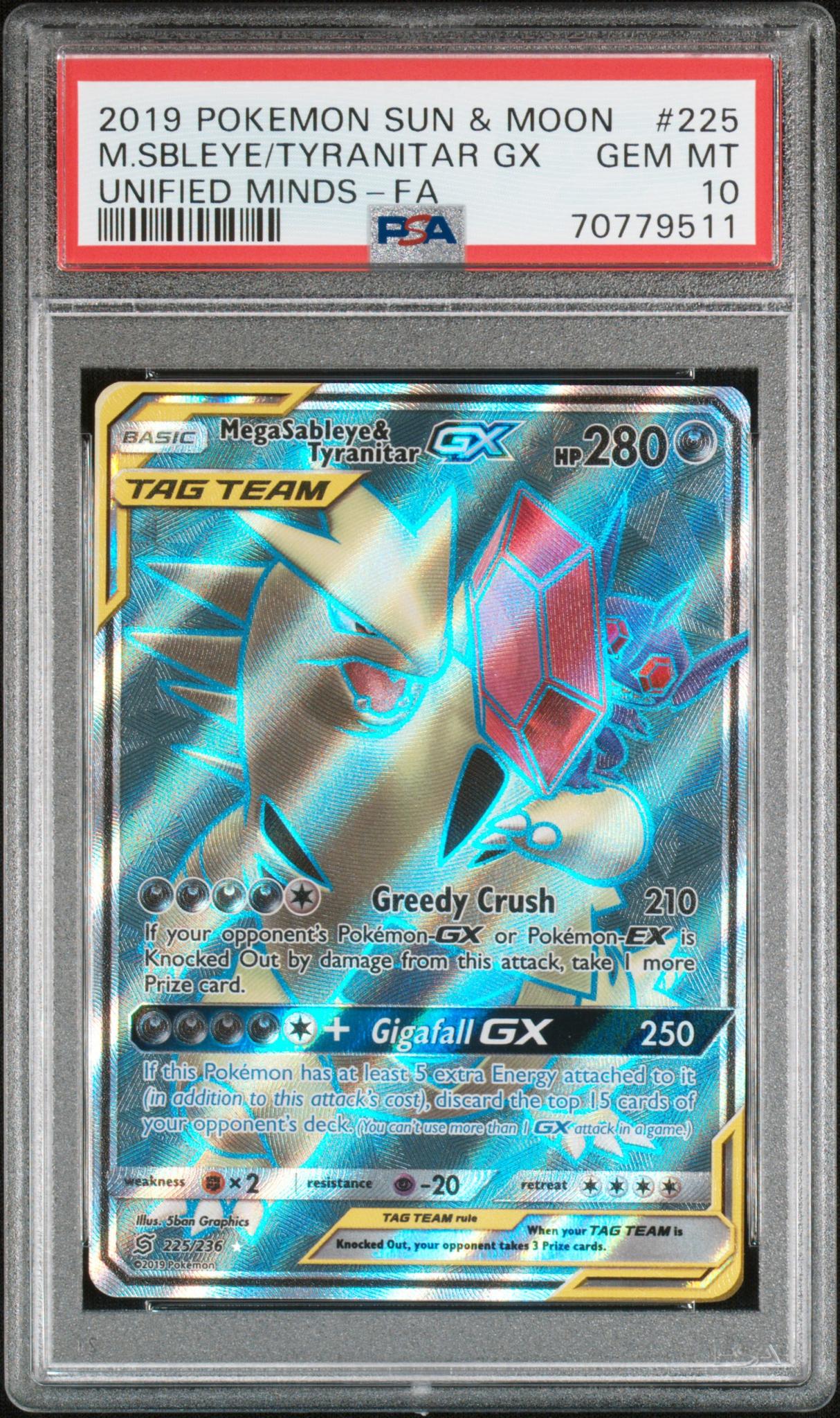 CF000244_1_20260127153922_1.jpg 2019 Pokemon Sun and Moon Unified Minds Mega Sableye/Tyranitartag Gx #225 PSA 10 - Image 1