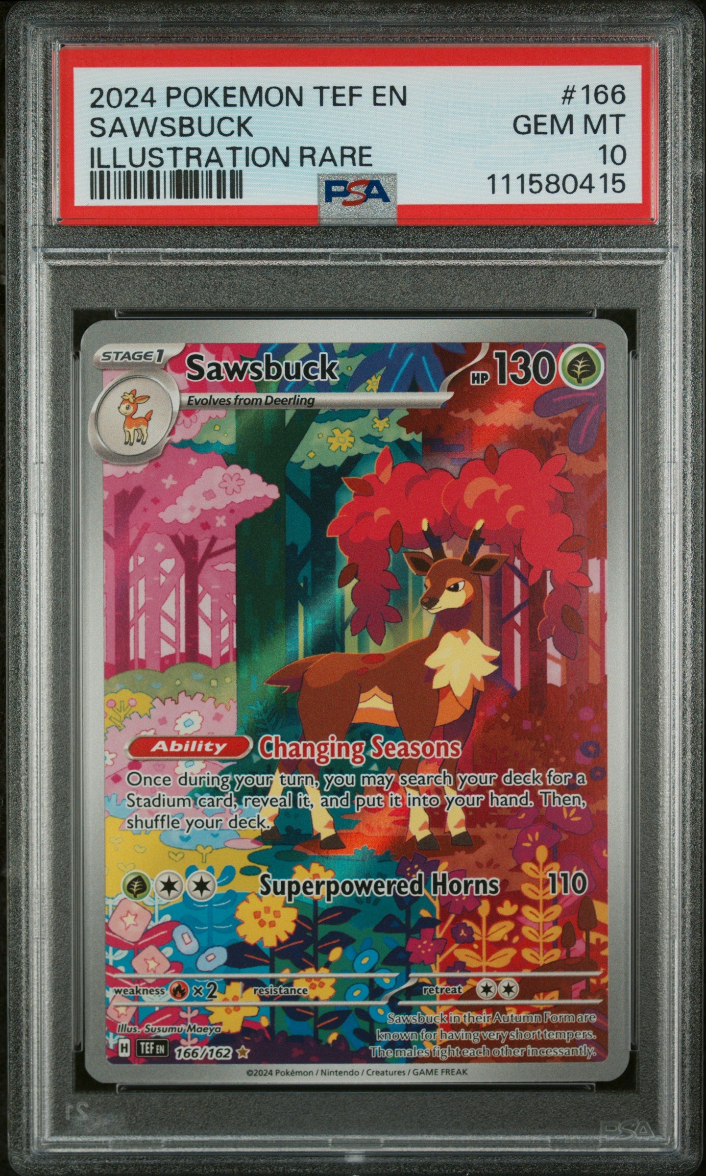 CF001252_1_20260218175422_1.jpg 2024 Pokemon Scarlet and Violet Temporal Forces Illustration Rare Sawsbuck #166 PSA 10 - Image 1