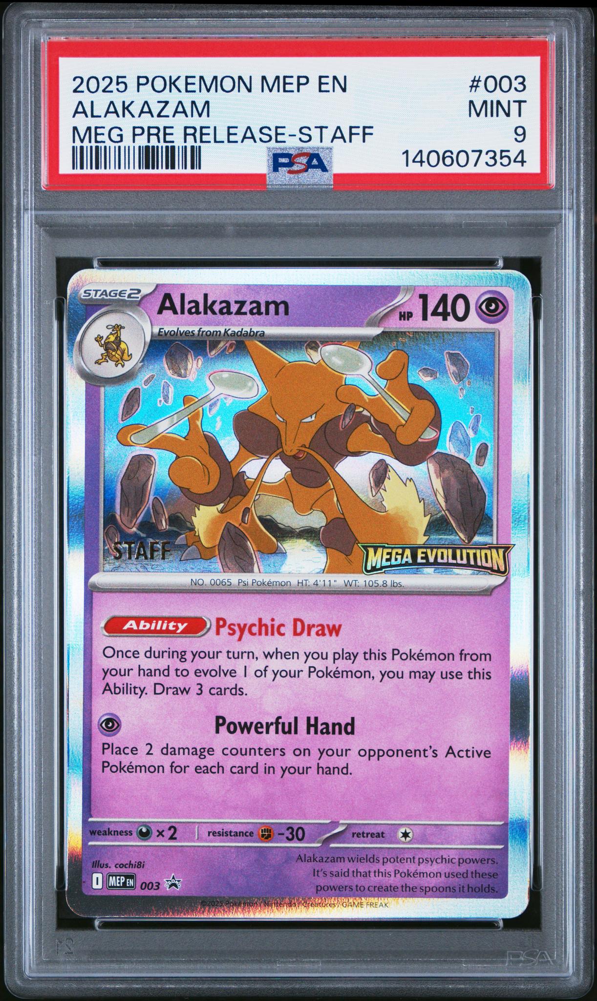 CF001473_1_20260220204206_1.jpg 2025 Pokemon Black Star Promos Mega Evolution Prerelease Staff Alakazam #003 PSA 9 - Image 1