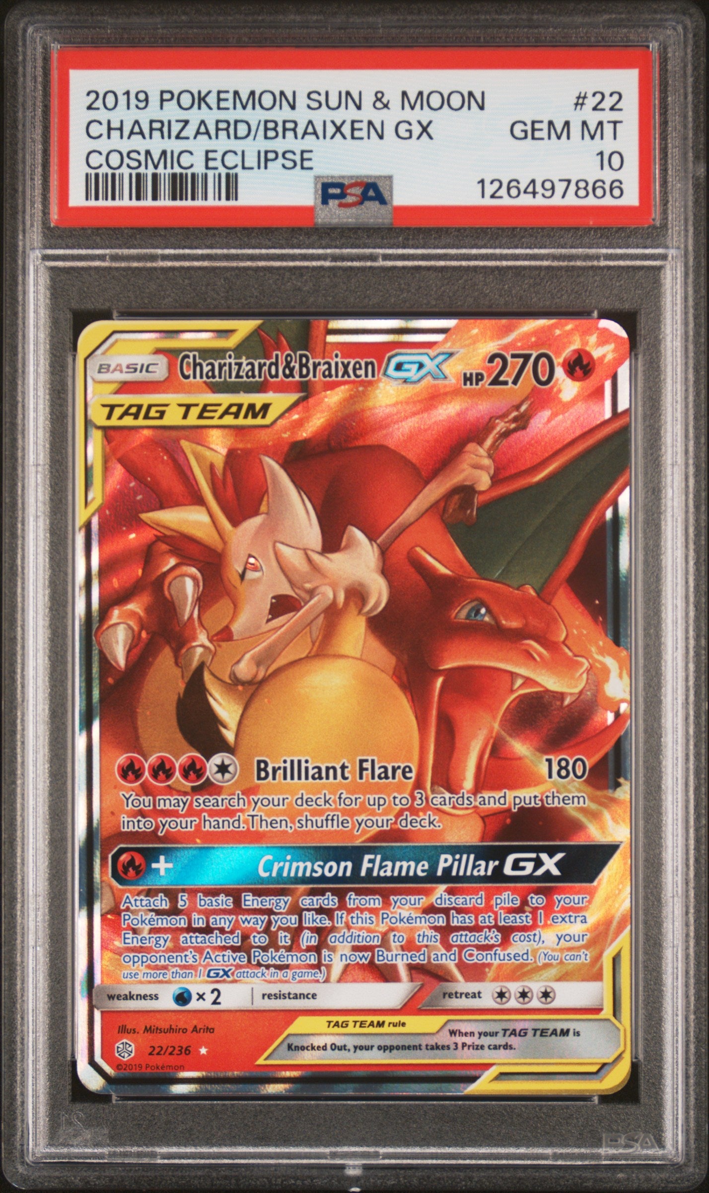 CF001473_1_20260220220108_1.jpg 2019 Pokemon Sun and Moon Cosmic Eclipse Braixen/Charizard Gx #22 PSA 10 - Image 1