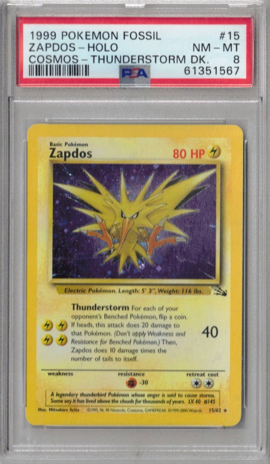 Scan2026-03-21_164406.jpg 1999 Pokemon Fossil 15 Zapdos-Holo Cosmos-Thunderstorm Dk. - PSA 8 - Image 1