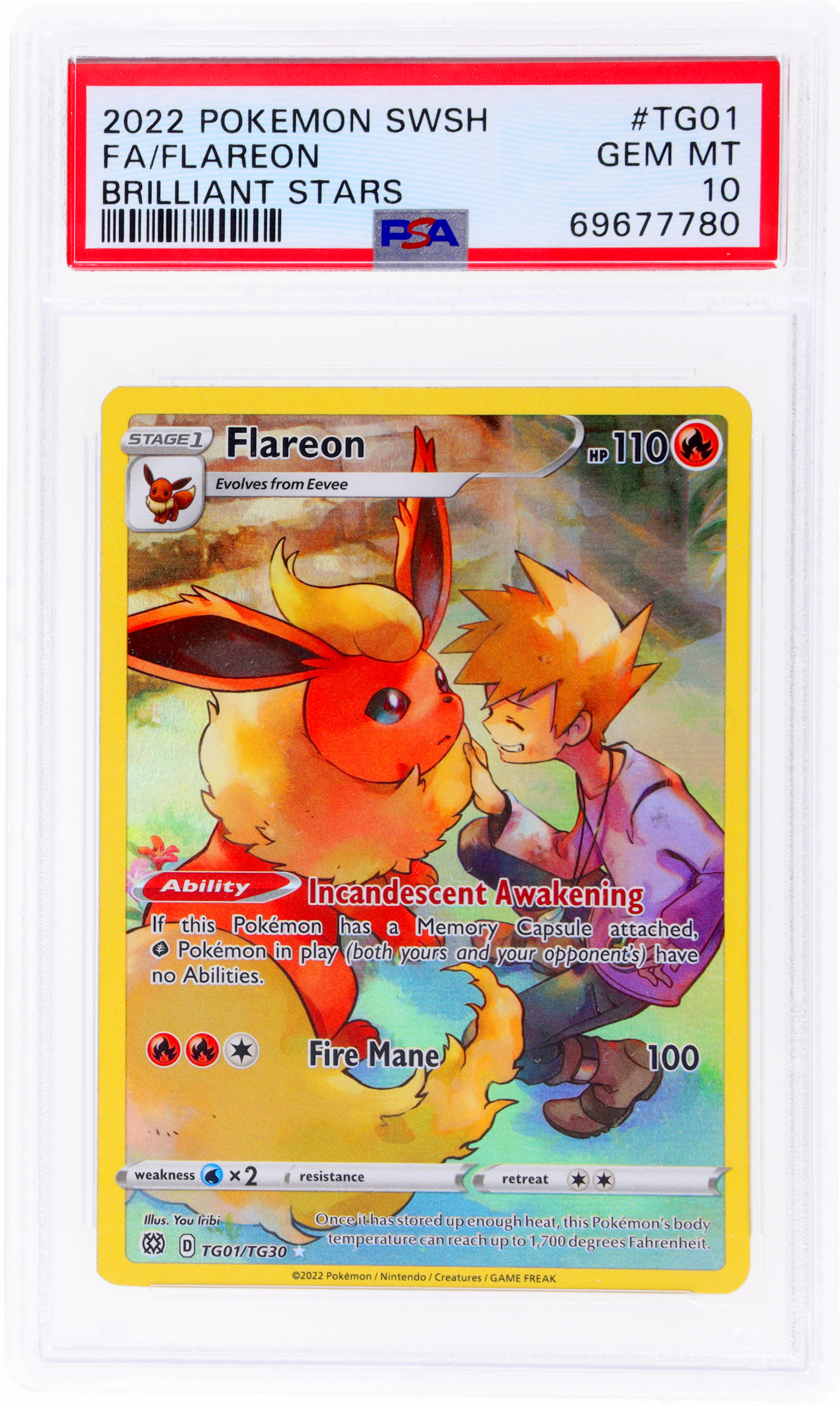 c30184e7-728b-4b0b-9187-2f4599cebaff_1673285169194_front.png 2022 Pokemon Sword and Shield Brilliant Stars Flareon #TG01 PSA 10 - Image 1